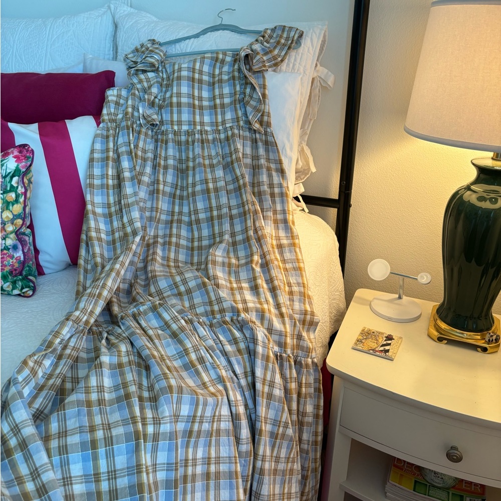 Madewell long dress!  New with tags! Fresh plaid, light blue,brown and gold